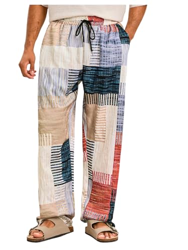 GORGLITTER Men's Patchwork Linen Pants Casual Drawstring Elastic Waist Wide Leg Summer Vacation Beach Pants