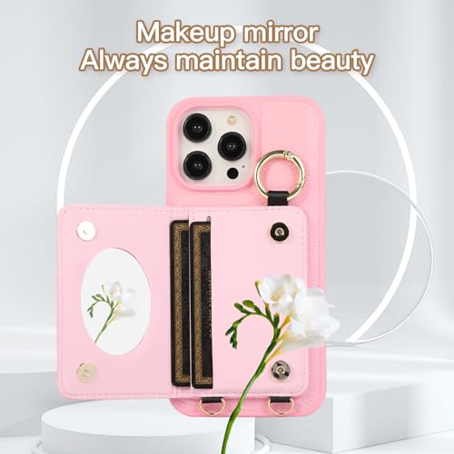Étui Cuir iPhone 17 Pro Max Portefeuille Rose - Coque Cordon Collier Réglable Miroir - 4