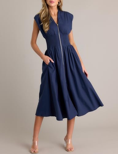 Image of FANCYINN Summer Casual Womens Maxi Dress Sleeveless V Neck Waist Aline Front Zipper High Slit Flowy Long Dress Pockets