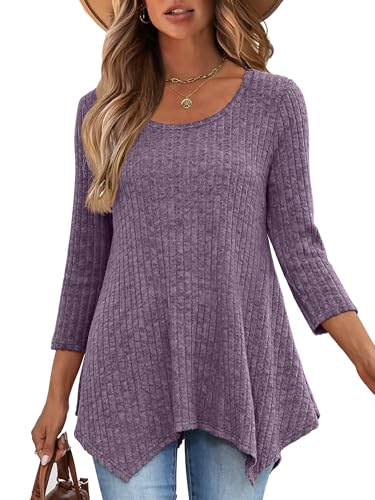 ANRABESS Womens 3/4 Sleeve Flowy Tunic Tops Crew Neck Ribbed Loose Fit Side Slit Shirts Casual Blouses 2025 Fall Clothes