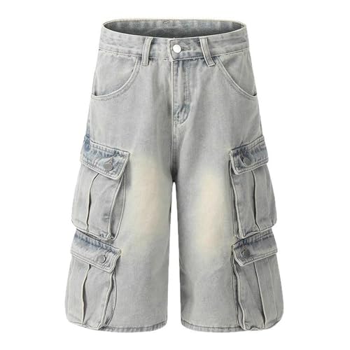 Retro Casual Jeans American high Street Fashion Light Blue Washed Loose Wide Leg Multi Pocket Cargo Pants Unisex