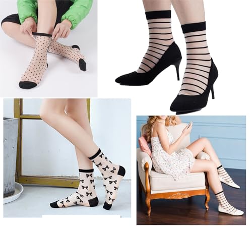 YYaaloa 6 Pairs Sheer Socks Black See Through Socks Summer Thin Ankle Socks Checkered Dot Striped Plaid for Women3