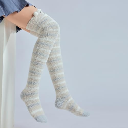 Image of Thigh High Fuzzy Socks Cute Animal Coral Fleece Over the Knee Thigh High Long Stockings Warm Stripe