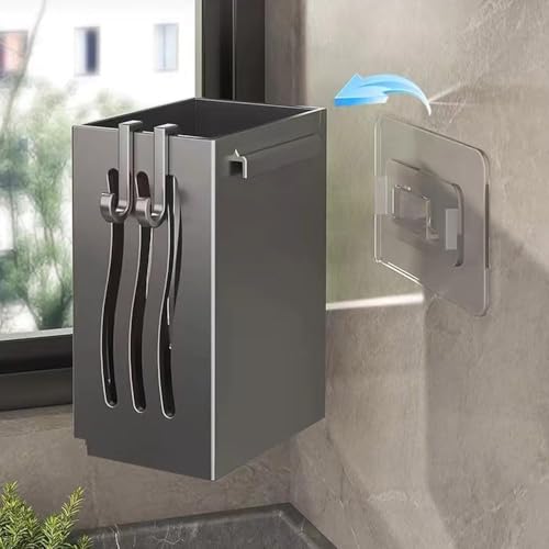Image of Multifunctional Kitchen Utensil Rack Draining Chopstick Holder Wall-Mounted Freestanding Cutlery Storage Box (Grey)