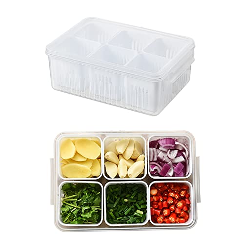 Food Storage Containers with Lids Airtight, Fridge Fresh-Keeping Container with 6 detachable small boxes, Portable Divided Fruit Storage Container Onion Ginger Garlic Cherry Storage (Containers-A)