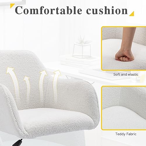 Image of FOXHUNTER Vanity Chair with Wheels 360 Swivel, Teddy, White | Home Office Desk Chairs,Adjustable Height Accent Chair for Living Room,Bedroom