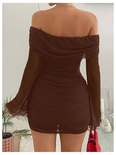 Image of GORGLITTER Women's Off The Shoulder Mesh Mini Dress Long Sleeve Y2K Sexy Ruched Bodycon Birthday Club Party Dresses