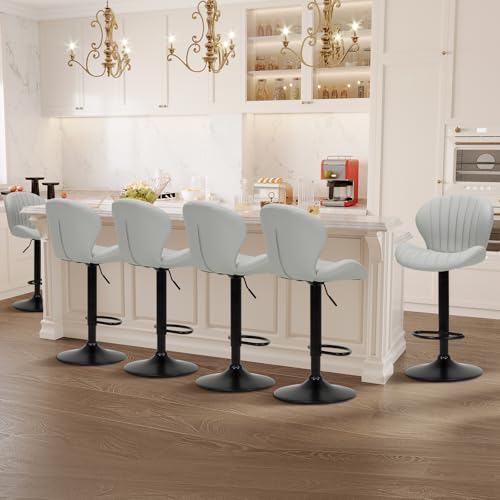 Image of COLAMY Bar Stools Set of 6, Modern Swivel Bar Chairs, Adjustable Faux Leather Upholstered Barstools Counter Height with High Backrest for Bar, Kitchen Island, Dining Room, Grey