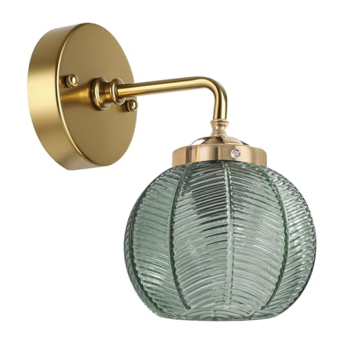 Image of Green Glass Wall Sconce Art Deco Globe Shade Gold Vanity Lights | Vintage Wall Light Over Mirror, Easy to install, Bathroom Vanity Lighting, 110V E26 Base, Mid Century Modern Wall Lamp