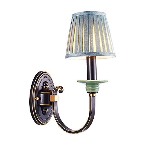 Lámpara de pared de tela verde Aplique de pared vintage Lámpara de pared de cobre, accesorios de iluminación de cabecera de dormitorio de estilo europeo, lámparas de pared de decoración de cerámica