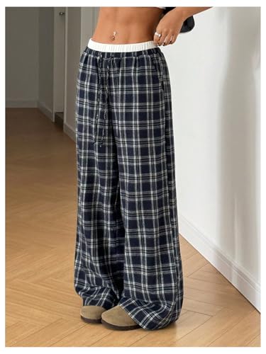 Girl's Plaid Wide Leg Track Pants Elastic Waist Baggy Long Trousers with Pockets2