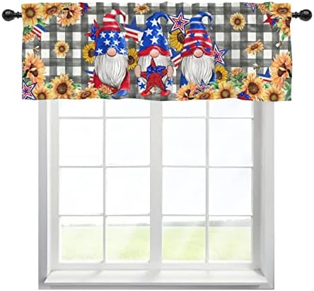 Simlif America Patriotic 4th of July Gnome Sunflower Kitchen Window Curtain Valance, Summer Holiday Buffalo Plaid Check Short Topper Rod Pocket, Home Living Room Bedroom Bathroom Farmhouse Decor 54x18