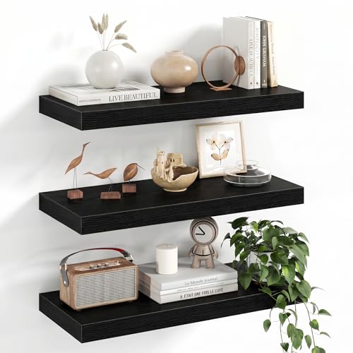 Image of Fun Memories Floating Shelves, 20 Inch Floating Shelves, Wall Mounted Rustic Wood Shelf for Bathroom, Living Room, Bedroom and Kitchen, Hanging Shelf for Storage, Books, Home Decor, Black - Set of 3