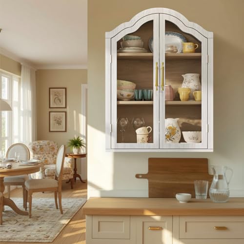Furnivio Arched Wall Cabinet Above Toilet Cabinet, 31.5×23.6 Inch Wall Mounted Cabinets with Tempered Glass Doors & Adjustable Shelves, Wood Organizer for Laundry Room, Kitchen, Bathroom (White)