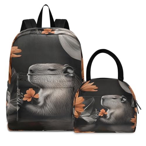 Backpack Lunch Bag Set Art Photo Capybara Print, Big Storage Travel Backpacks with Insulated Lunch Box for Office Hiking Picnic