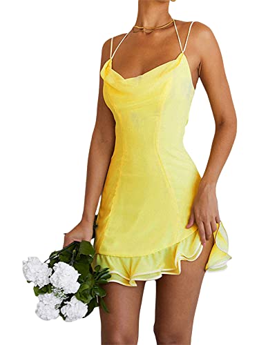 Image of Women's V Neck Adjustable Spaghetti Straps Sleeveless Sexy Backless Dress Y2k Lace Dresses Party Clubwear