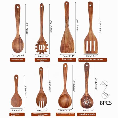 Miniatura 2 de Uberming 8 Piezas Juego De Utensilios De Cocina De Madera De Acacia Con Espátula Cucharón Cubiertos Para Ensalada Cucharón Para Pasta Cuchara Para Arroz Y 8 Ganchos En S, Resistente Y Antiadherentes