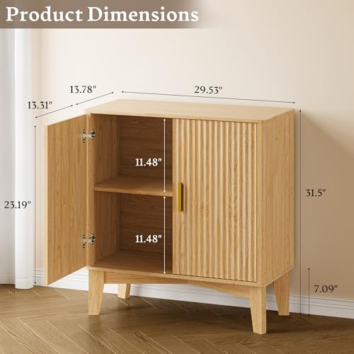 Image of BORNOON Storage Cabinet with Doors and Adjustable Shelf, Modern Fluted Sideboard Buffet Cabinet, Freestanding Coffee Bar for Kitchen, Pantry, Entryway, Living Room (Natural Oak)