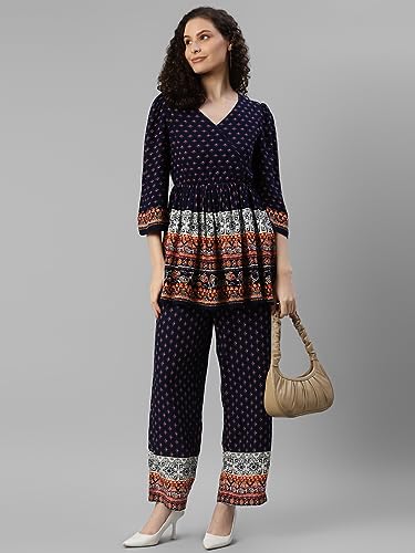 Image of DEEBACO Women's Ethnic Motifs Rayon Peplum Flared Tunic & Pants Co Ord Set for Women V Neck & 3 /4 Puff Sleeve Ladies Party Casual Wear for Girls Relaxed Fit Cord Set (DBCOMR00000912 XL Navy Blue)