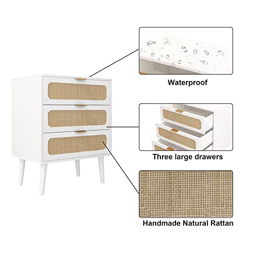 Image of QHITTY Drawer Dresser, Rattan Chest of Drawers with 3 Drawers Dresser, Accent Storage Cabinet Modern Bedside Table for Living Room, Entryway (White)