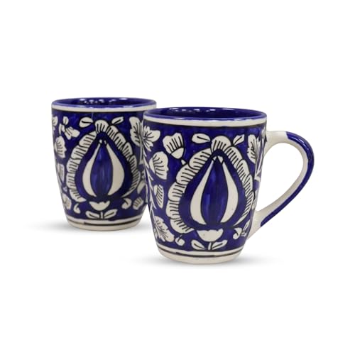 Image of Saras Aajeevika 2 Pc Hut Handpainted Ceramic Coffee Mug - 330ml Handmade Tea /Milk Mug Cup Set for Kitchen Glossy Finish Kids Glass Drinkware -Mircowave & Dishwasher Safe Ideal for (Design 8)
