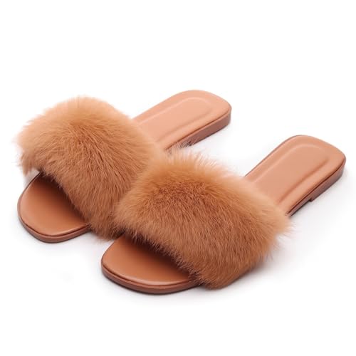 FAYUEKEY Fuzzy Slippers for Women Faux Fur Cozy Fluffy House Bedroom Open Toe Sandals Slide