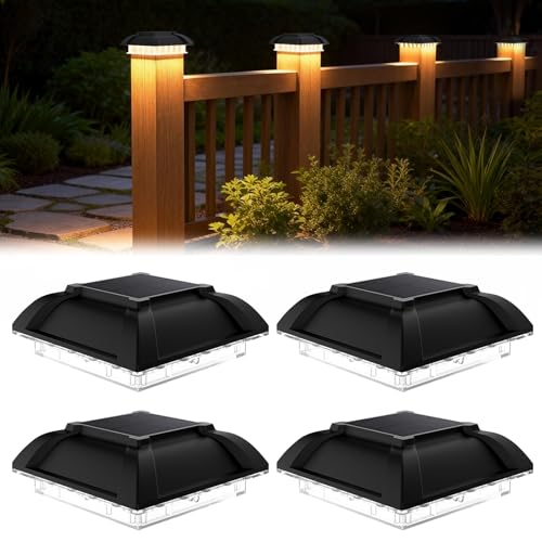 PORFOYO 4 lampade a palo a energia solare, tappi per pali, luce IP65, impermeabile, luce bianca calda, 3,5 x 3,5 pali in legno da 4 x 4 pollici, lampada da esterno a LED per pali in legno, piattaforma