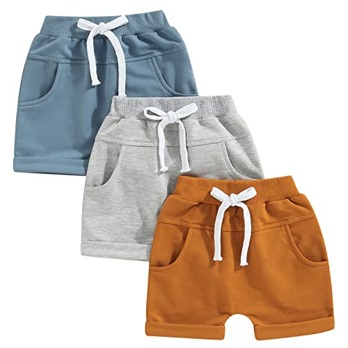 Babamoon 3 Pack Toddler Baby Boy Cotton Shorts Elastic Waist Short Sweatpants Athletic Workout Sport Pants With Pocket (Blue Brown Grey, 0-6 Months) #TOP10
