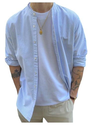 Men's Striped Dress Shirts Long Sleeve Button Down Banded Collar Business Casual Shirt