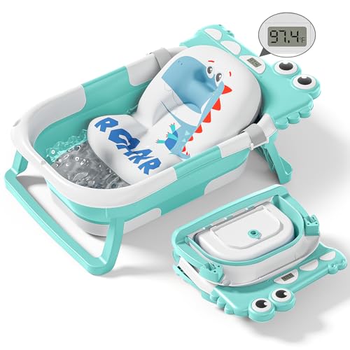 Image of Collapsible Baby Bathtub for Newborn with Thermometer & 1 Soft Floating Cushion & Drain Hole, Foldable & Portable Travel Baby Bath Tub for Newborns to Toddlers 0-36 Months Boys, Cyan