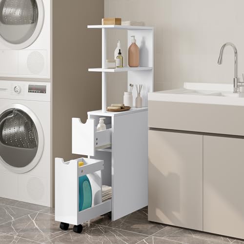 EUGAD Nischenschrank Badezimmer, mit Schublade auf Rollen, offenen Ablagen, Badschrank Badezimmerschrank schmal, Seitenschrank Küchenschrank Mehrzweckschrank, Weiß, 19x113x45 cm (BxHxT)