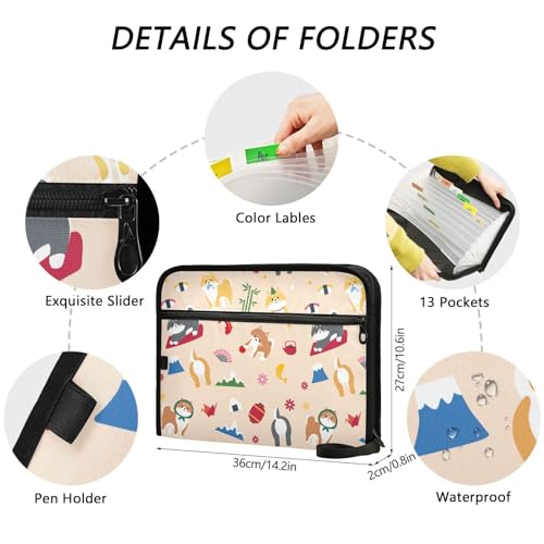 Pastas de arquivo de cachorro Shiba Inu com desenho animado, pastas de plástico com 13 bolsos, pasta