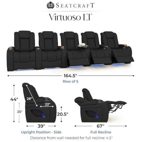 Image of Seatcraft Virtuoso LT Black Italian Leather Home Theater Seating, Zero Gravity Power Recliner, Powered Headrest and Lumbar Gaming and Home Office Chair, Heat and Massage Lounge Sofa, Row of 5