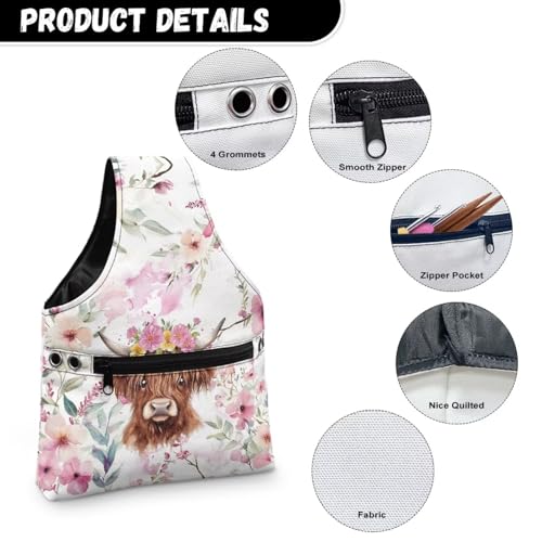 Image of ZUXONGSY Highland Cow Crochet Yarn Bag for Women Pink Floral Knitting Tote Bag for on The Go Travel Portable Knitting Project HanbBag for Crochet Hooks