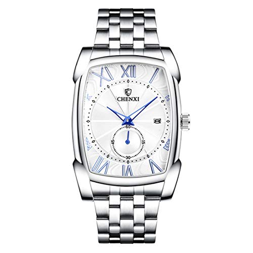 Allskid Hommes Montres Inoxydable Acier Bracelet de Montre Rectangulaire Cadran avec Indépendant Petite Seconde Quartz Montres-Bracelets (45 * 36mm, Blanc)