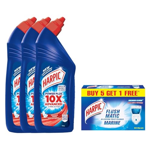 Image of Harpic Disinfectant Toilet Cleaner Liquid, Original - 1 L (Pack of 3) & Harpic Flushmatic In-Cistern Toilet Cleaner Blocks, Aquamarine - 300 g (Buy 5 Get 1 Free) | Lasts upto 240 Flushes