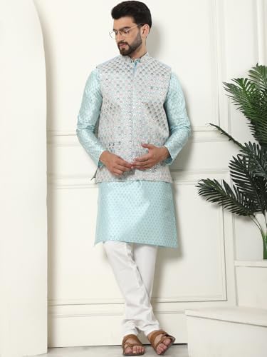 Image of SOJANYA (Since 1958 Men's Silk Blend Printed Kurta and Cream Pyjama with Designer Nehru Jacket