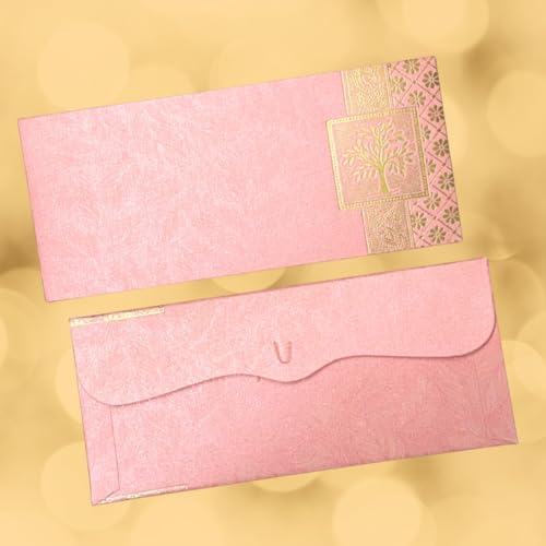 Image of Pack of 100, Rectangle Shape Metallic Paper Shagun Envelopes for Gifting Sagan Lifafa Wedding Occasion Cash Money, 18 X 8 cm, Pink Color - Gold Tree Design