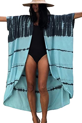 YouKD Traje de baño kimono de playa bohemio de kaftan largo de verano para arriba vestido de talla grande para las mujeres, C Azul Gris, Talla única