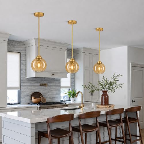 Image of MQMQA 2 Pack Gold Globe Pendant Lights, Mid Century Gold Pendant Light Fixtures, Amber Glass Pendant Lights Kitchen Island Adjustable Hanging Fixture for Dining Room (Bulbs not Included)