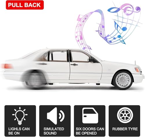 Image of 1:24 Benz W140 S320 Model Car, Diecast Collectible Pull Back Toy Car, Retro Classic Car with Sound and Light for Adults, Kids, Boys (White)