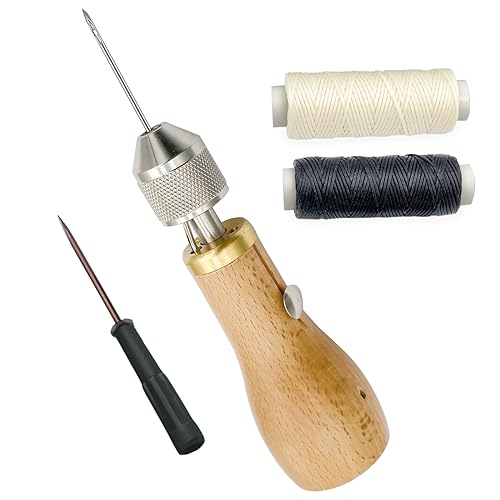 Professional Sewing Awl Hand Stitcher Repair Tool Kit for Leather and Heavy Fabrics with 2PCS Needles, 1PC Coil and Yarn/Threads
