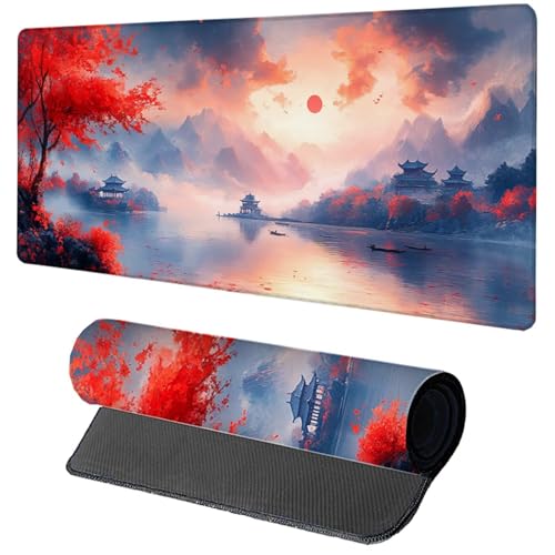 Alfombrilla Ratón XXL 600x300x3mm, Alfombrilla Escritorio Rojo Mouse Pad Gaming Luna, Tapete Escritorio con Bordes Cosidos, Antideslizante Desk Mat Grande para Accesorios Gaming Regalo N-4710