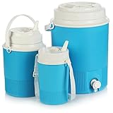 ALCANCE DE ENTREGA: Juego dispensador de bebidas de 3 piezas. // Material: plástico, apto para el contacto con alimentos // Color: azul, blanco // Dimensiones (volumen, Ø, altura): Grande: (7,5 l) 25 cm, 33 cm // Medio: (2,4 l) 18 cm, 25 cm // Pequeño: (1.0 l) 13 cm, 20 cm, ¡Todas las dimensiones son aproximadas!