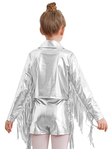 Kids Girls Tassel Metallic Jacket Long Sleeve Zipper Shiny Holographic Fringe Jacket for Birthday Party2
