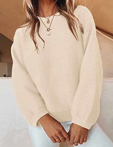 Artfree Womens Ribbed Knit Crewneck Sweater Lantern Sleeve Casual Loose Stretchy Solid Fall Winter Sweaters Pullover Tops Apricot S #TOP1