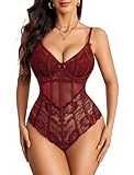 Avidlove Women Snap Crotch Lingerie Lace Body Suits Mesh Going Out Top Pushup Lingerie V Neck Leotard Dark Red L