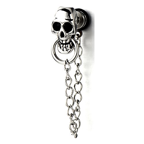 Mens Women Skull Chain Stud Earrings Drop Dangle, Stainless Steel, Screw Back, 2 Pcs2