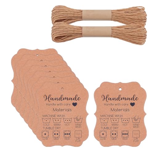 FREEBLOSS 100 Stück Handgefertigte Pflegeetiketten Mit Waschanleitung Für Kleidung Hängeetikett Mit 20 m Schnur Pflegeetiketten Aus Kraftpapier Für Handgefertigte Kleidungsstücke 2.6' x 3.2'