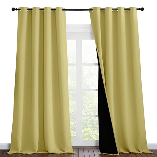 Image of NICETOWN 100% Blackout Blinds, Set of 2, 52 inches x 120 inches, Laundry Room Decor Window Treatment Curtains for Large Patio Sliding Door, Thermal Insulated Paler Yellow Curtains for Bedroom